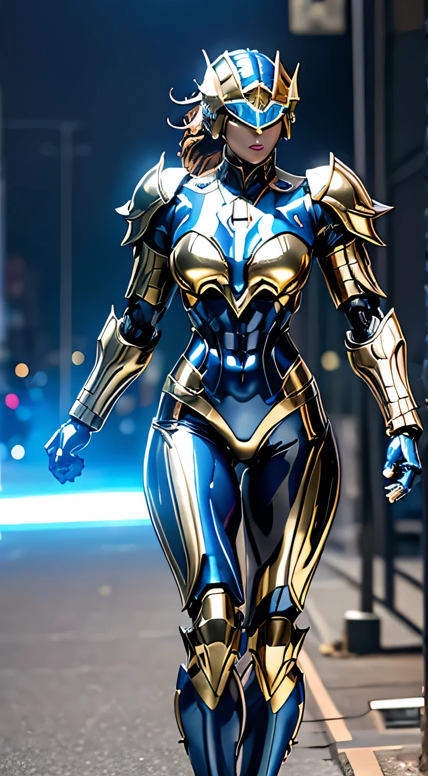 Female Robocop Solo、Bright outdoors、strong light source、8K, high quality, masterpiece, 最high quality、Very detailed、Armor that completely covers the whole body、Very large armor、Helmet covering the head、Clear photos、The eyes are hidden by thin, straight goggles:1.3、The lower half of the face is flesh:1.5、Face exposed from nose down:5.0、Luscious lips、Fluorescent navy metallic armor with thin gold lines、Armor that completely covers the chest、Long, slender legs、Vivid poseable body view,Big and ample breasts:1.5, (Sports Body:1.5)、Five Fingers、Photos in the city