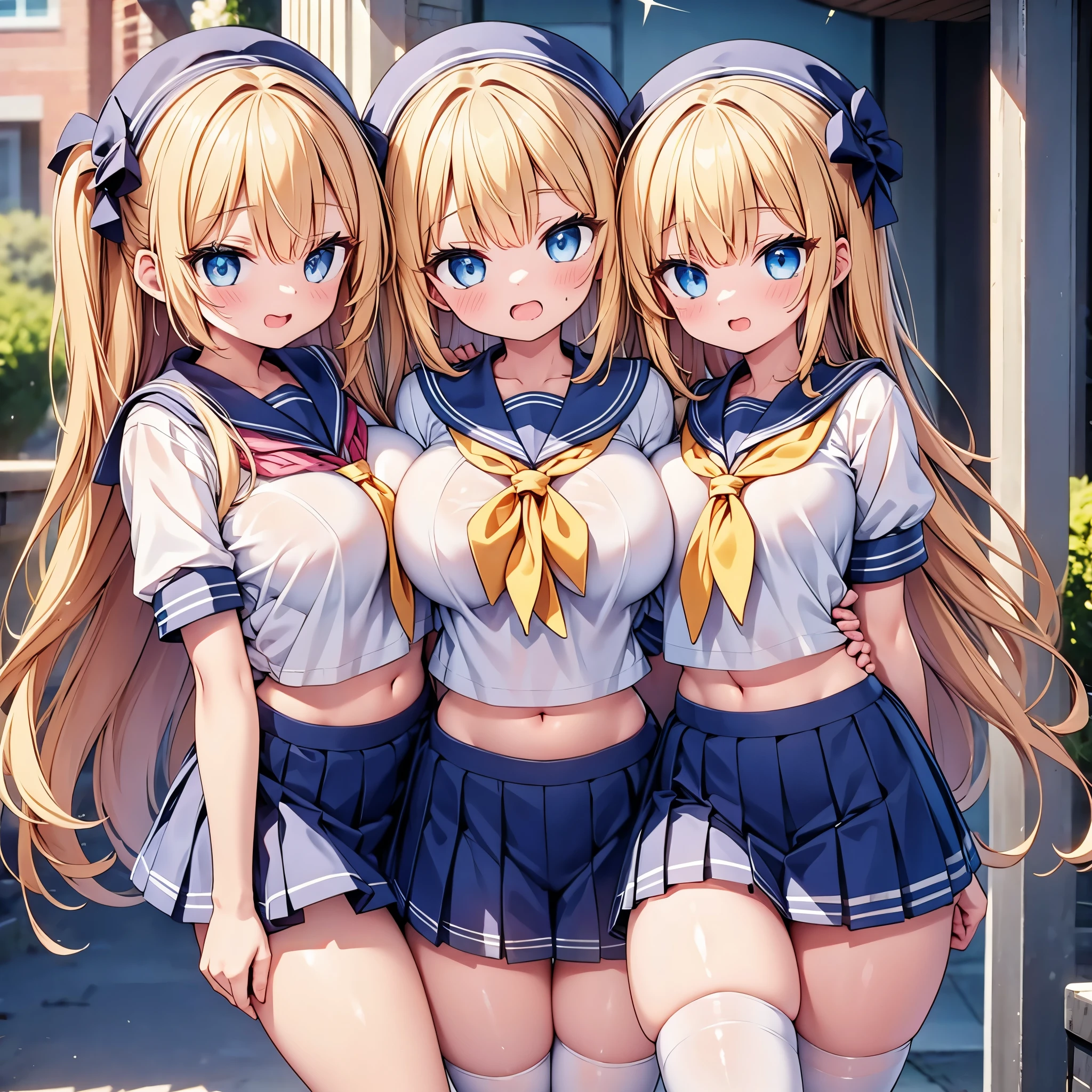 (cute eyes:1.2), (sparkling eyes:1.2), highest quality,wonderful,finely,extremely detailed CG Unity 8K wallpaper, (Stand in line:1.2), (3 girls, sailor uniform, clothed), (huge breasts), (open mouth:1.1), (long tongue:1.1), (mouth drool:1.1), (black stockings:1.1),(Thighs:1.3),(Waistline:1.1),(midriff peek:1.1)