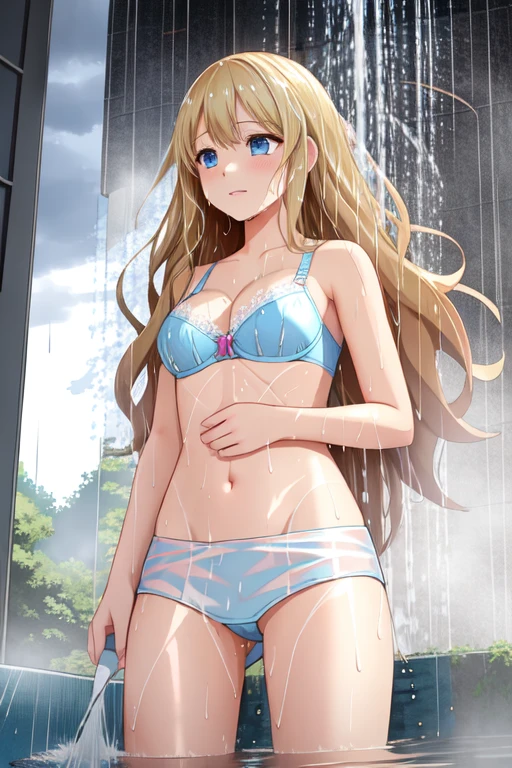 One girl、bra、Panties、Light blue eyes、Blonde、Long Hair、heavy rain、storm、thunder、(Soaking wet:1.7)