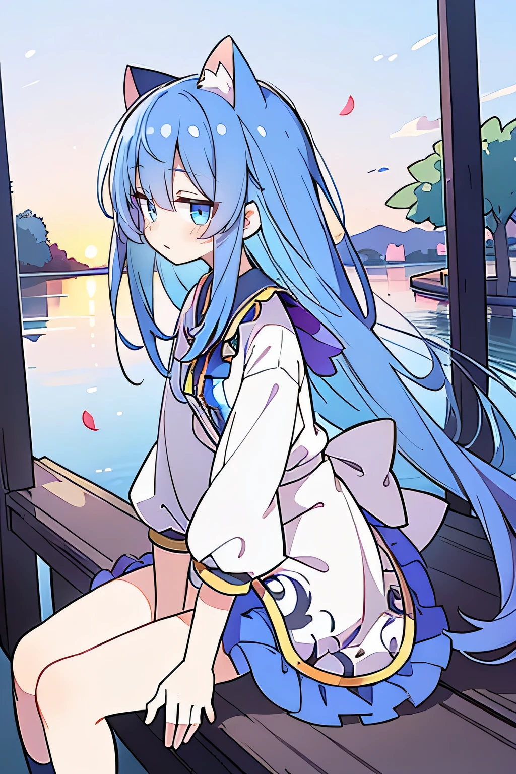 (masterpiece:1.2),Super detailed,Practical,expressive eyes,Fair skin,Perfect face shaping,1 Girl,
Japanese cartoons,Gorgeous blue hair, the long flowing blue hair,Floating clothes,Cat ears,Petals falling,beautiful lola,Young Angel,
Hands on waist,sit elegantly on the ground,Cross your legs,Gentle and peaceful background,Cool and cozy pavilion,Sunset,