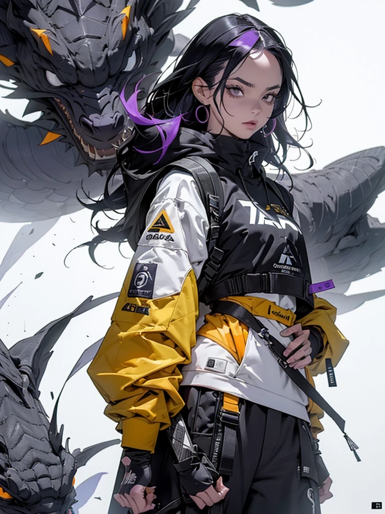 roxo: 1.5, laranja: 1.1, Branco: 1.3, amarelo: 1.3, (garota rapper com cabelo pavor), tatuagens, (roupas puffer do poder: 1.2), flor, folhas, mistborn, linhas, background circles, purple clothing.