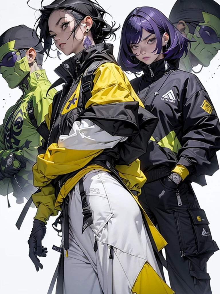 roxo: 1.5, laranja: 1.1, Branco: 1.3, amarelo: 1.3, (garota rapper com cabelo pavor), tatuagens, (roupas puffer do poder: 1.2), flor, folhas, mistborn, linhas, background circles, purple clothing.