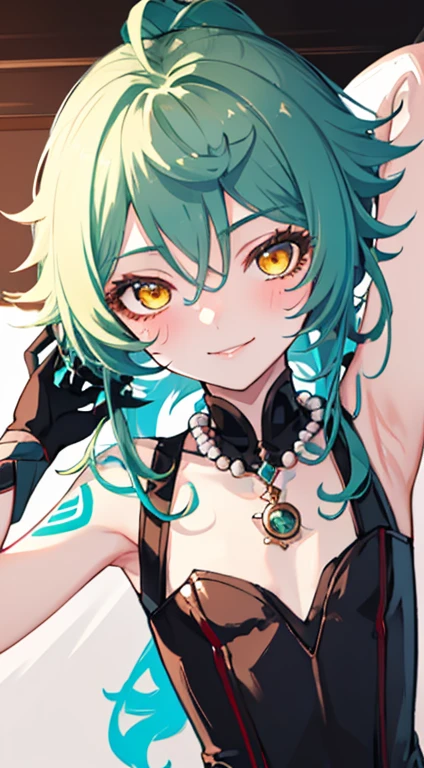 dawn, (Genshin Impact), Gloves, tattoo, arm tattoo, necklace, jewelry, mask, green hair, bead necklace, colorful hair, bead, yellow eyes, arms, 1 boy, male focus, high quality, masterpiece, beautiful, Wearing sweet heaven, sweet heaven, smile slightly, blush, pov staring at you,