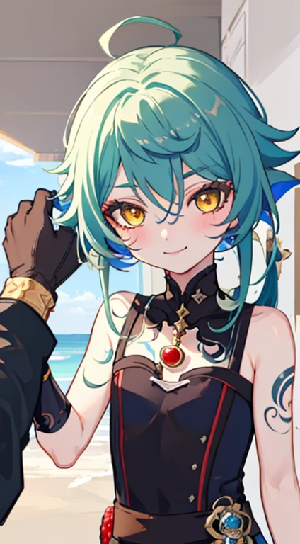 dawn, (Genshin Impact), Gloves, tattoo, arm tattoo, necklace, jewelry, mask, green hair, bead necklace, colorful hair, bead, yellow eyes, arms, 1 boy, male focus, high quality, masterpiece, beautiful, Wearing sweet heaven, sweet heaven, smile slightly, blush, pov staring at you,