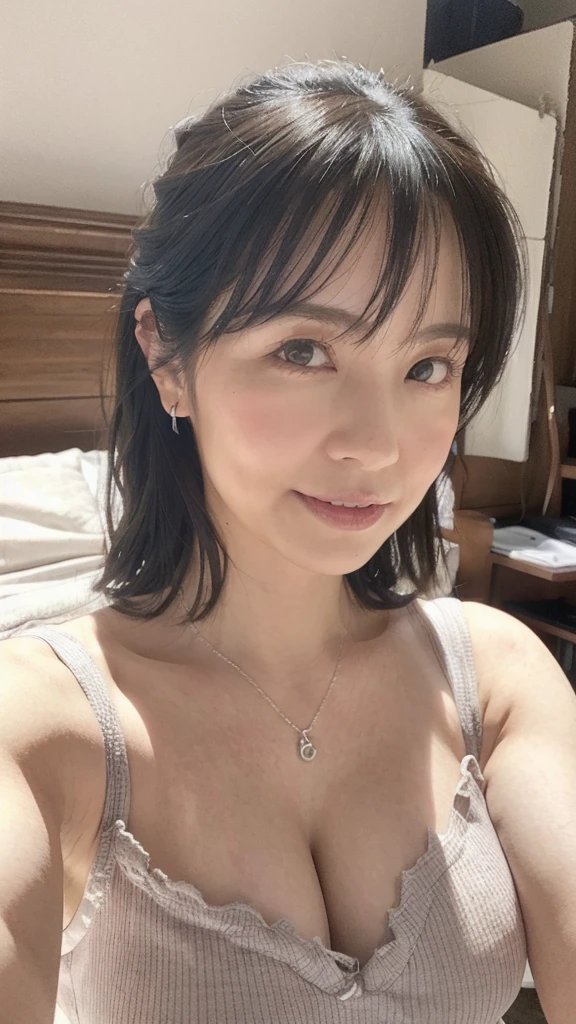 NSFW, ((Best Quality)), ((8K)), ((Masterpiece: 1.3)), (Perfect Appearance), (Photorealism: 1.6), (A woman in a camisole stands by the bed), Bedroom, night, luxurious furniture, Japanese woman, 47 years old, (realistic skin texture)), (overall skin fine lines: 1.3), (skin dullness: 1.1), (skin without moisture): 1.2 ), (skin wrinkles) Face: 0.9), (crow's feet: 1.2), double eyelids, tear sacs on lower eyelids, (crying mole: 0.9), eyes facing towards you, serious expression, ( Dimples: 1.2), medium long hairstyle, gentle smile, eyes looking towards you, short hairstyle, silk camisole, lace camisole, (whole body: 1.4), low angle,