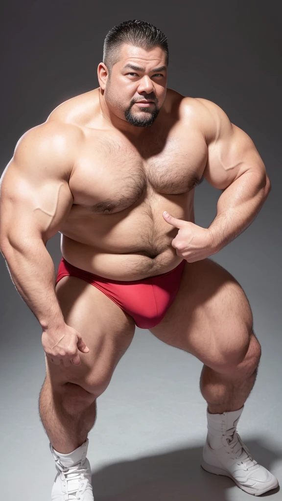 white hair, old man, individual, male, Muscular wrestler, muscular, Stout wrestler, Asian, Japanese, uncle, 55 year old middle-aged man, short hair, short hair, red wrestling boots, full body portrait, shadow, Vision, red briefs, obesity, 45 years old, short beard, middle-aged man, tattoo, fingerless gloves, Wheat skin, shiny skin, dark skin, Show your pectoral muscles, sumo wrestler, bodybuilder, wide temples, Visible abdominal muscles, Smile, Fine hands, solid color background, pure white background, Surrealism, Panorama, 8k, super detail，