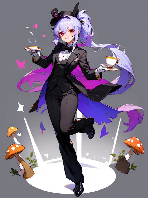 Masterpiece, best quality, expressive eyes, perfect face, 1girl, diamond (shape), mushroom, solo, hat, club (shape), spade (shape), smile, long hair, cup, looking at viewer, argyle, heart, gloves, white background, low ponytail, pants, simple background, teacup, suit, formal, holding, purple hair, bowtie, multicolored hair, white gloves, long sleeves, hair between eyes, shirt, ponytail, bow, buttons, monster girl, breasts, full body, red eyes, tea, very long hair