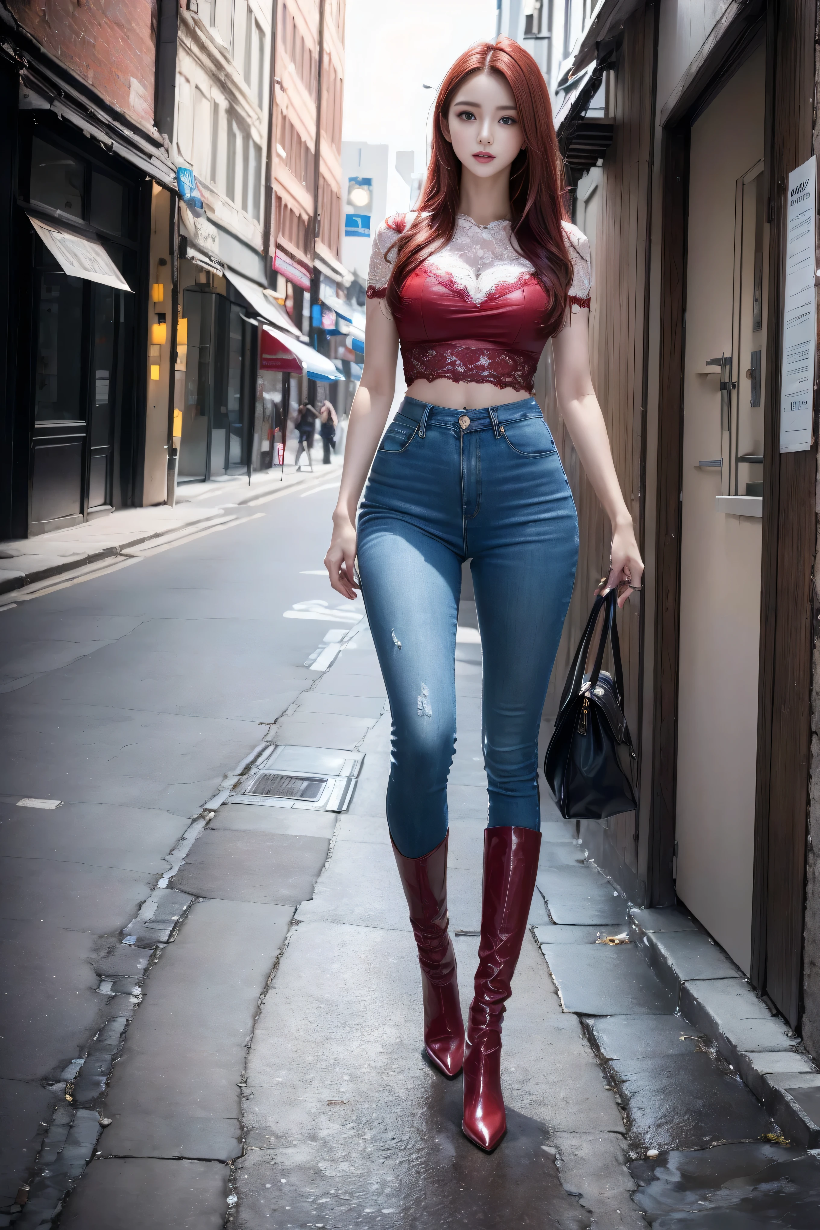 ((Realistic lighting, best quality, 8K, masterpiece:1.3)), Lock focus:1.2, Beautiful woman with perfect figure:1.4, 3 beautiful Korean girls, Korean pop idol,Leg length,(Pale skin), (big eyes),(Smile:0.8),(Plump and sexy lips), Complex and detailed face, ((Super delicate skin)),Delicate face,Ultra-thin face,Fine Eyes,Double eyelids,((Dark red hair)), (White lace underwear:1.4),Background Shibuya street,Large depth of field,Ultra-thin face,Fine Eyes,Double eyelids,(Start from below:1.attitude,(Mid-chest:1.2),Sexy long legs, (Thigh gap:1.5),Wide hips,S-Shaped Body, Hips lifted,Leg length,Light blue skinny jeans,Full body proportions from the front,Over-the-knee leather boots,