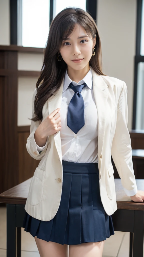 (8K, best quality, masterpiece:1.2), (realistic, photo-realistic:1.37), (high color saturation:1.0), (highly detailed skin), (highest quality:1.0), (ultra high resolution:1.0) ,(realistic:1.0), (Super detailed:1.0), (8K, Raw photo:1.1)、standing random pose, smiling, natural breast, perfect lighting, ((3girls students)), 18years old, (mysterious), clear and detailed, ((school_uniform, Japanese blazer uniform, flared skirt)), (indoor school classroom), surprised face, (I can see her small white panties:1.6), looking at back viewer, nsfw, low angle photo,