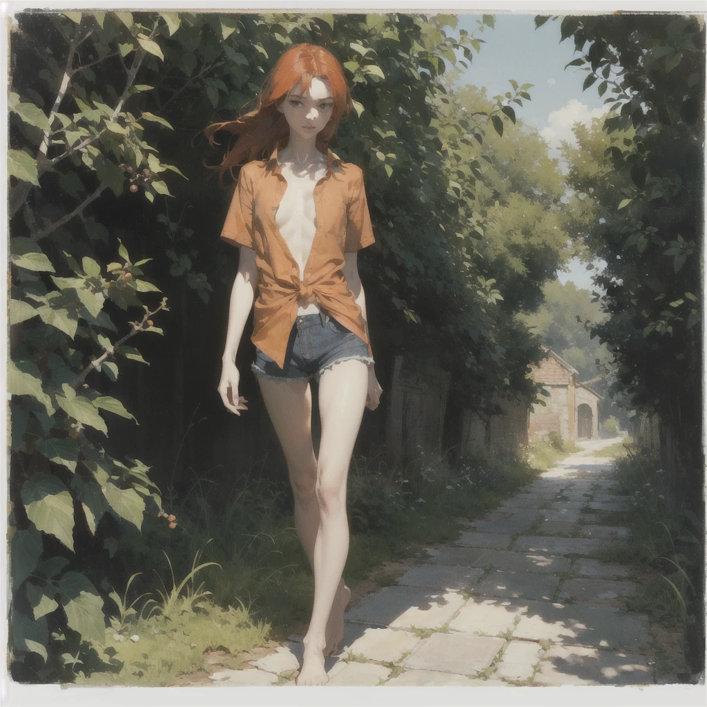 Beautiful slender thin exquisite (nude) girl 16 years old with a perfect face of the southern type with red hair with tender breasts with tender nipples barefoot with bare hips ((with red pubic hairs)) ((in an unbuttoned open light orange shirt over his naked body and short light orange shorts)) walks along a brick road in the middle of a flowering field, in a gentle watercolor style, Discreet shades, sfumato, haze, diffused dim light, delicate mint shades, imitation of film photography, (olive and grape groves, Brick Road)