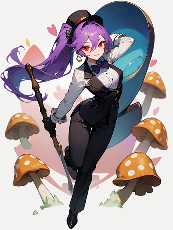 Masterpiece, best quality, expressive eyes, perfect face, 1girl, diamond (shape), mushroom, solo, hat, club (shape), spade (shape), smile, long hair, cup, looking at viewer, argyle, heart, gloves, white background, low ponytail, pant simple background, teacup, suit, formal, holding, purple hair, bowtie, multicolored hair, white gloves, long sleeves, hair between eyes, shirt, ponytail, bow, buttons, monster girl, breasts, full body, red eyes, tea, very long hair 