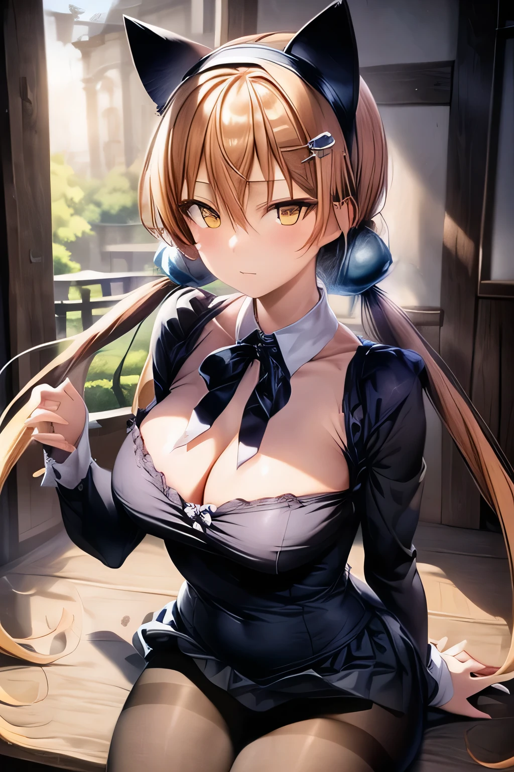 (masterpiece:1.2), best quality, high resolution, unity 8k wallpaper, (illustration:0.8), (beautiful detailed face:1.2, beautiful detailed yellow eyes:1.2), perfect lighting, extremely detailed CG, (perfect hands, perfect anatomy),
Cute, beautiful, charming lady, shiny hair, lustrous skin, beautiful light big eyes,
milf, married woman, soft With a gentle appearance and a gentle mother-like atmosphere,
Feminine style, beautiful kubire, beautiful, naughty face,
Alisa_a, long hair, orange hair, bangs, hair between eyes, low twintails, red eyes, fake animal ears, cat ears, hair ornament, blue sphere hair ornament, hair bobbles, hairband, neck ribbon, detached collar, ribbon, black bow, black dress shirt, long sleeves, black miniskirt, flared skirt, skirt, black pantyhose, pantyhose,
