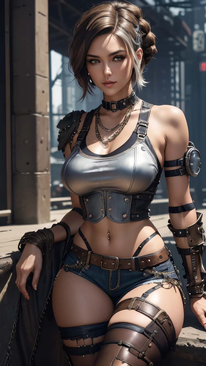 best quality, super fine, 16k, incredibly absurdres, extremely detailed, beautiful woman, excited look, glossy light brown messy short hair, side-braided, wearing rough mesh silver plated chain mail and distressed jeans fabric shorts, superlative body proportion, how to sit like a man, (background steampunk, dieselpunk, clockpunk, cyberpunk, gear:1.1)