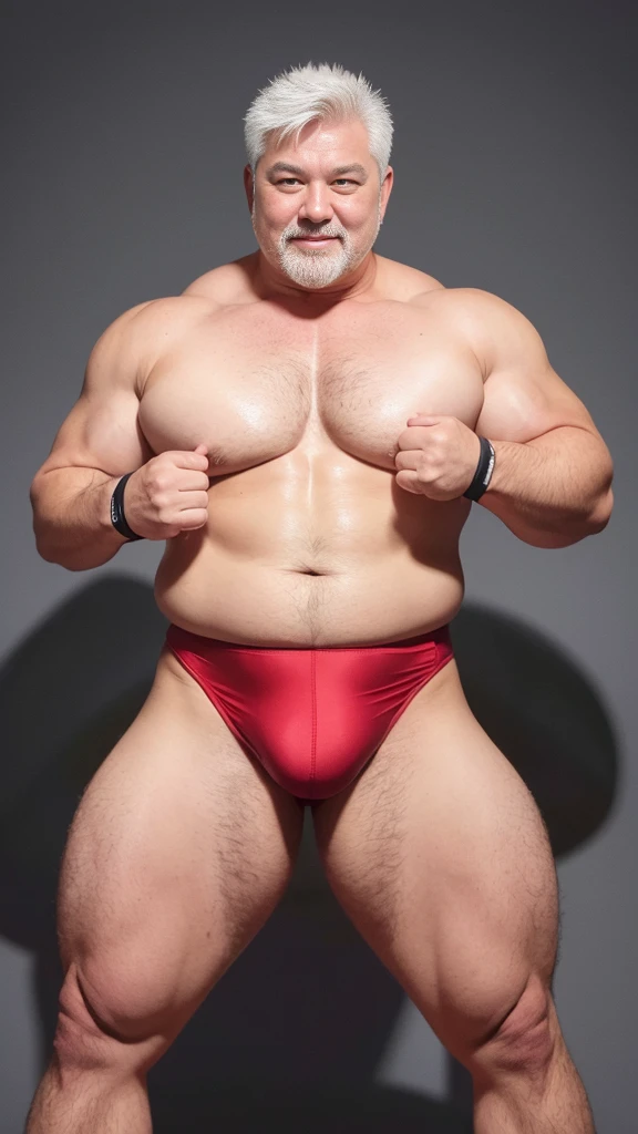 white hair, old man, individual, male, Muscular wrestler, muscular, Stout wrestler, Asian, Japanese, uncle, 55 year old middle-aged man, short hair, short hair, red wrestling boots, full body portrait, shadow, Vision, red briefs, obesity, 45 years old, short beard, middle-aged man, tattoo, fingerless gloves, Wheat skin, shiny skin, dark skin, Show your pectoral muscles, sumo wrestler, bodybuilder, wide temples, Visible abdominal muscles, Smile, Fine hands, solid color background, pure white background, Surrealism, Panorama, 8k, super detail,