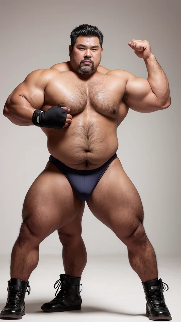 black hair, middle-aged man, individual, male, Muscular wrestler, muscular, Stout wrestler, Asian, Japanese, uncle, 55 year old middle-aged man, short hair, short hair, red wrestling boots, full body portrait, shadow, Vision, red briefs, obesity, 45 years old, short beard, middle-aged man, tattoo, fingerless gloves, Wheat skin, shiny skin, dark skin, Show your pectoral muscles, sumo wrestler, bodybuilder, wide temples, Visible abdominal muscles, Smile, Fine hands, solid color background, pure white background, Surrealism, Panorama, 8k, super detail,