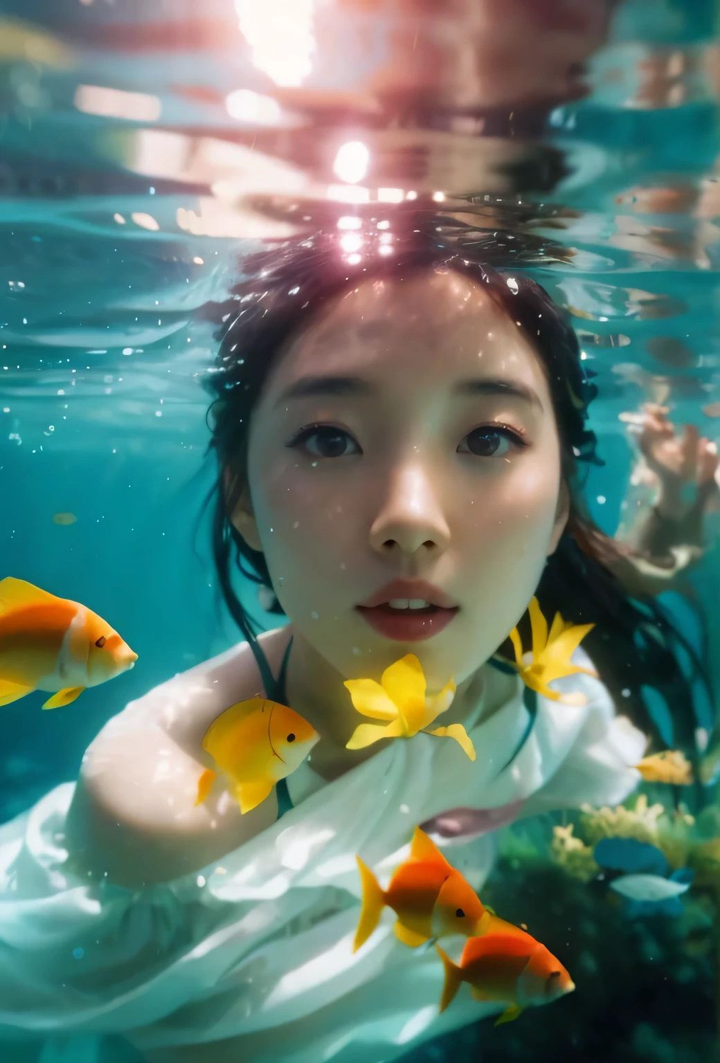 A woman in a white dress swimming with fishes, In the water shot, In the water photo, In the water photography, In the water, In the water photograph, In the water, In the water looking up, In the water swimming, swimming deep In the water, Watching the fish swim, floating In the water, swimming In the water, A close-up movie-like in-the-water scene, In the water view, In the water face, Under the Sea, bubbly In the water scenery