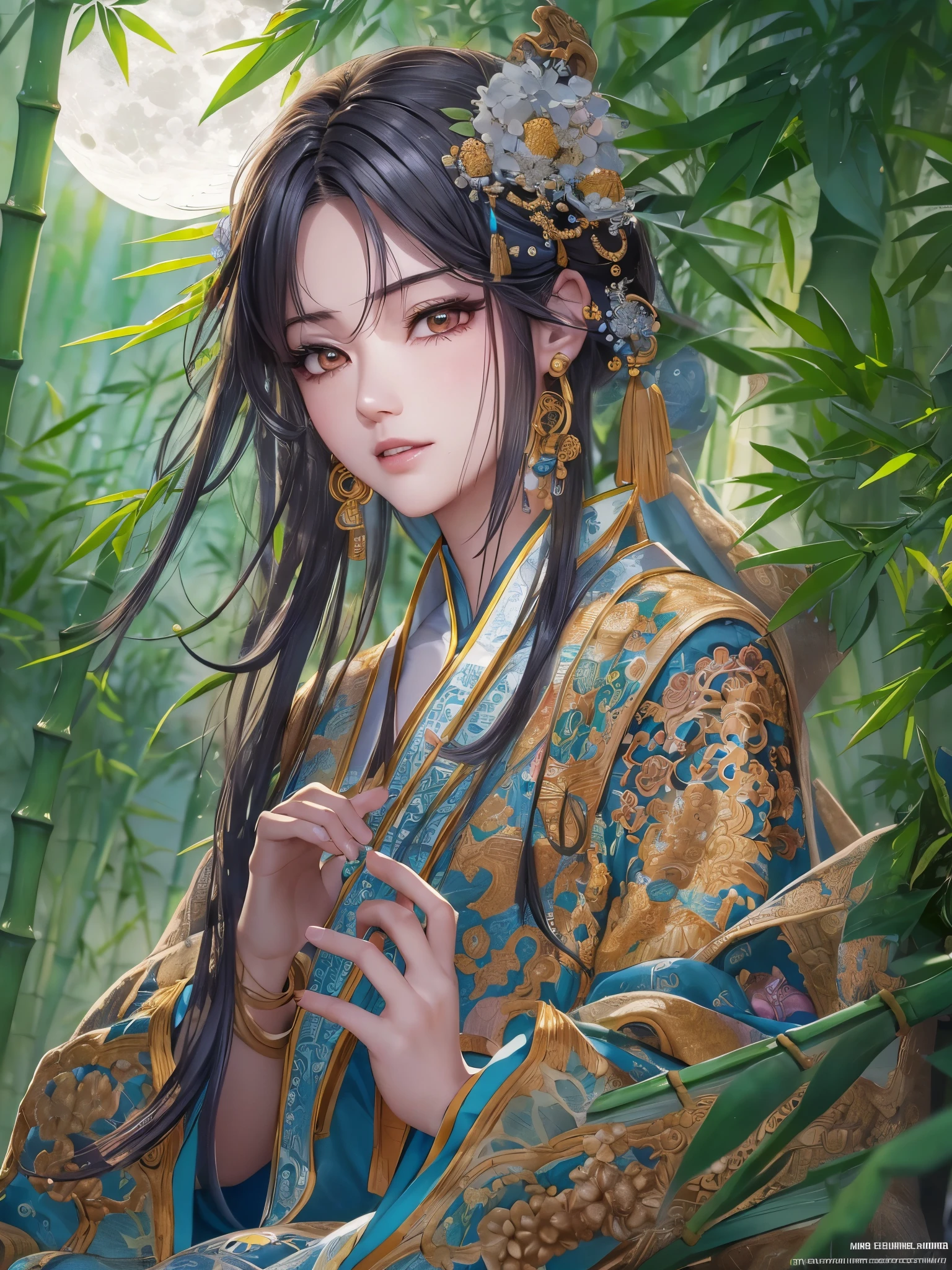 ((highest quality)),(Ultra-high resolution),(Very detailed),(Detailed Description),((The best CG)),(A masterpiece),Ultra-precise art,amazing drawing art,(Chinese fantasy art with intricate details:1.5), (Beautifully patterned Hu clothing with intricate and detailed depictions:1.5),(Beautiful and well-proportioned face:1.4),Loin cloth:1.3,smile:1.4, ((bamboo forest:1.5)), (Moon after the Rain:1.4), (Night dew:1.3,)