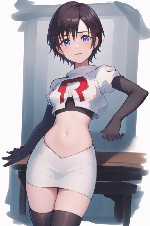 masterpiece, best quality, highres, aaxion, short hair, team rocket,team rocket uniform,white skirt,red letter R,crop top,black thigh-highs,black elbow gloves, cowboy shot, 