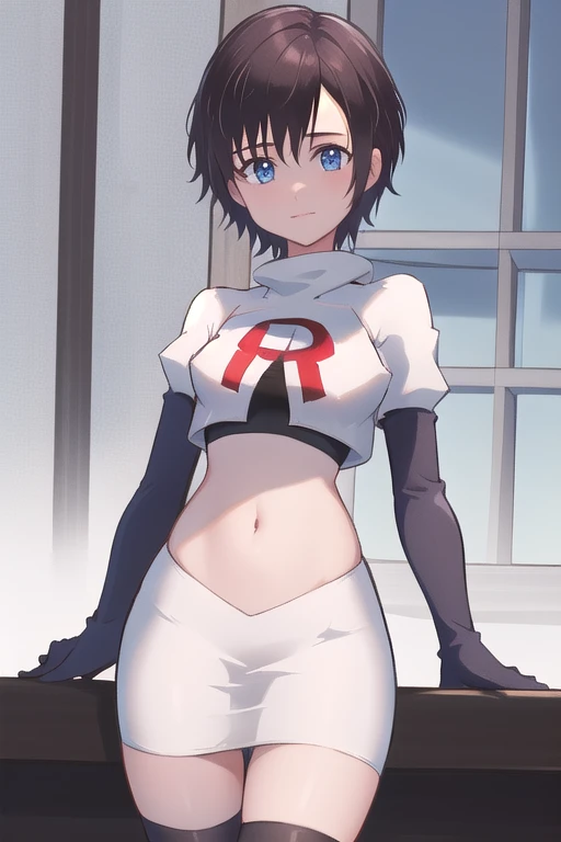 masterpiece, best quality, highres, aaxion, short hair, team rocket,team rocket uniform,white skirt,red letter R,crop top,black thigh-highs,black elbow gloves, cowboy shot,