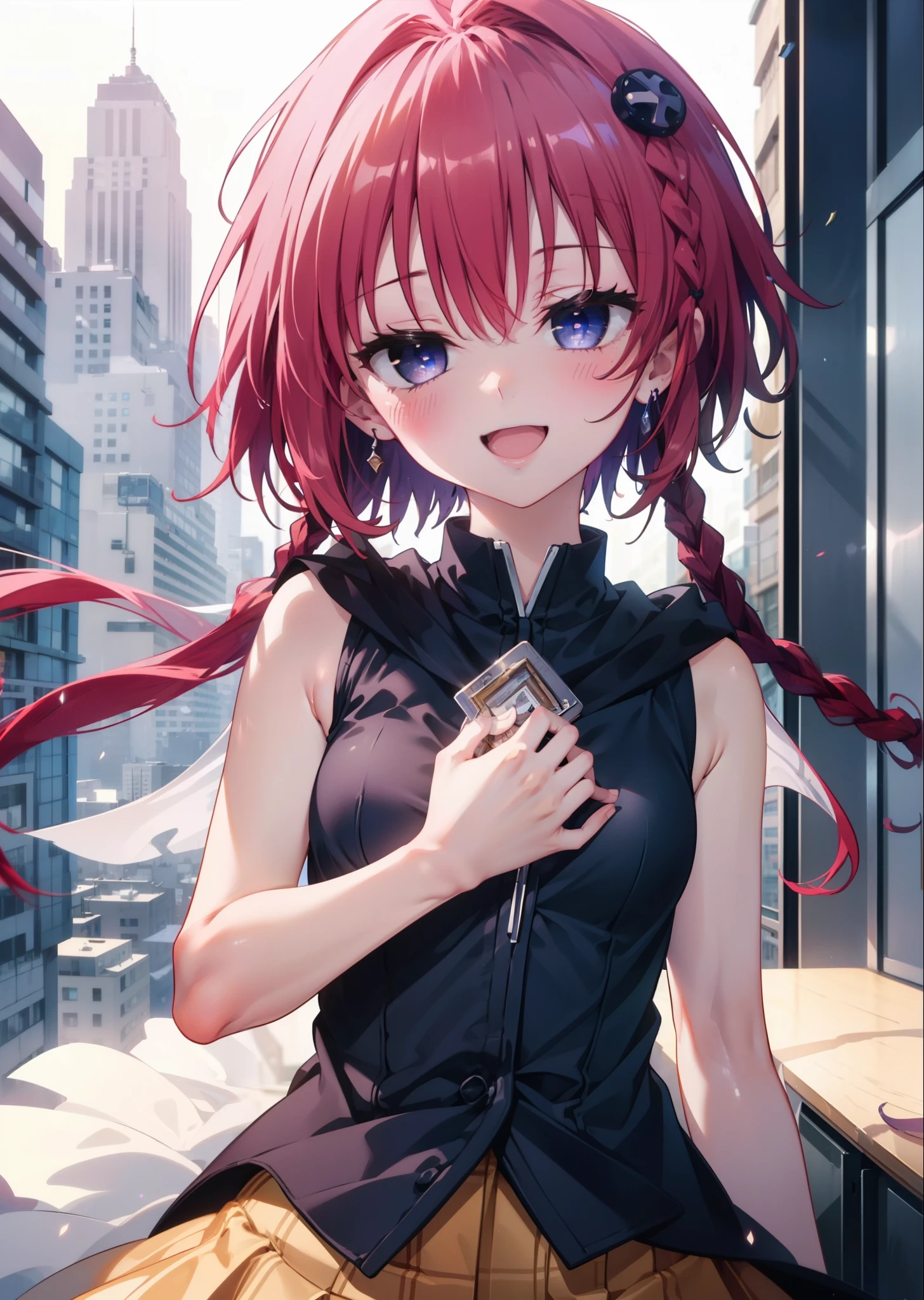 (masterpiece, highest quality:1.2),shape,8k,High resolution,kurosaki mea,Cowboy Shot,As if your whole body is in the illustration,1 girl,happy smile, smile, Open your mouth,Red hair,Long braids,Upper Body,(Portraiture:1.2),hair ornaments,smile,Purple eyes,Medium Chest,White Hair Band,Sleeveless dress,Long skirt,Cute Sandals,happy smile, smile, Open your mouth,smile,blush, Building district (Cowboy Shot:1. 5),(masterpiece:1.2), highest quality, High resolution, unity 8k wallpaper, (shape:0.8), (Beautiful and detailed:1.6), Highly detailed face, Perfect lighting, Extremely detailed CG, (Perfect hands, Perfect Anatomy),
