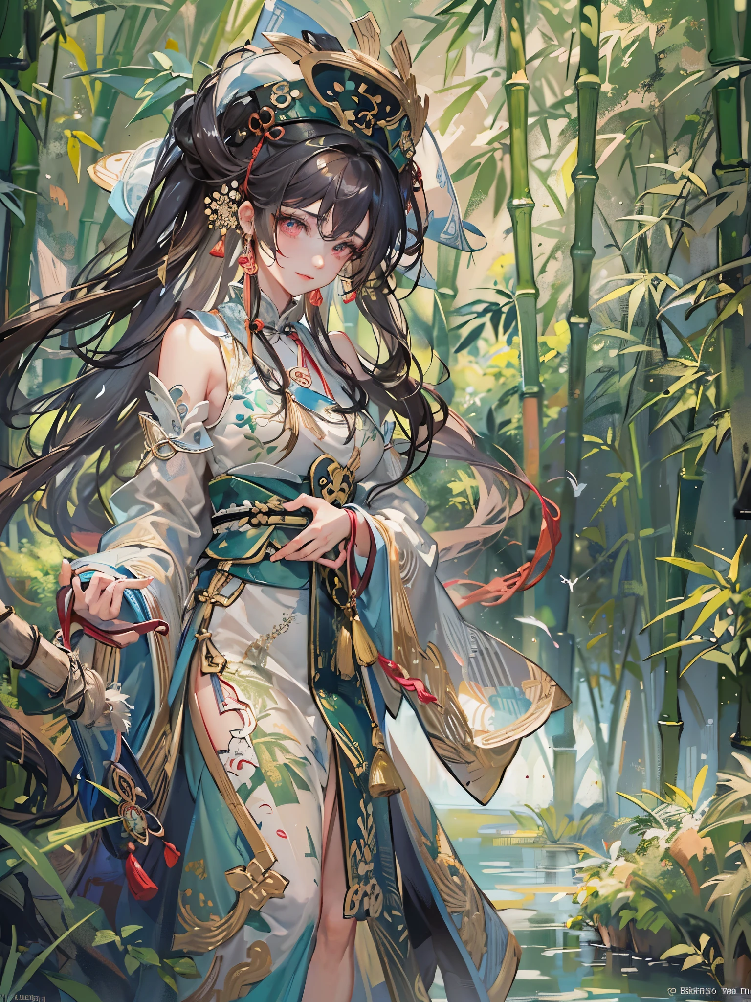((highest quality)),(Ultra-high resolution),(Very detailed),(Detailed Description),((The best CG)),(A masterpiece),Ultra-precise art,amazing drawing art,(Chinese fantasy art with intricate details:1.5), (Beautifully patterned Hu clothing with intricate and detailed depictions:1.5),(Beautiful and well-proportioned face:1.4),Loin cloth:1.3,smile:1.4, ((bamboo forest:1.5)), (Moon after the Rain:1.4), (Night dew:1.3,)