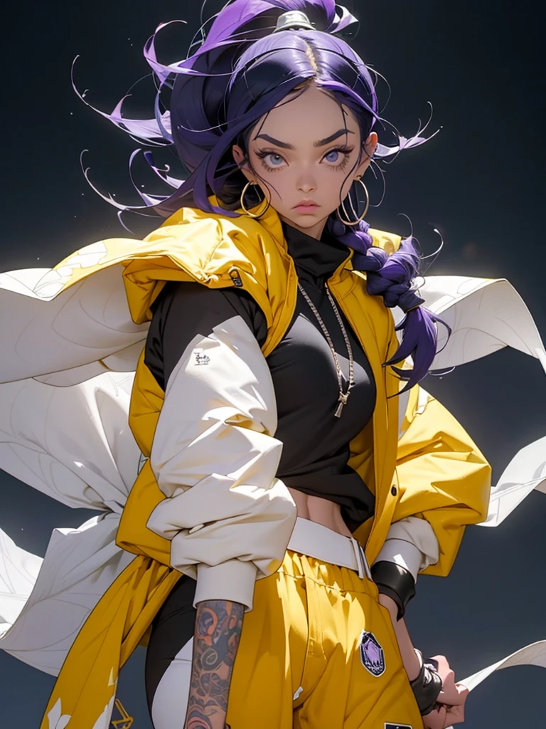 roxo: 1.5, laranja: 1.1, Branco: 1.3, amarelo: 1.3, (garota rapper com cabelo pavor), tatuagens, (roupas puffer do poder: 1.2), flor, folhas, mistborn, linhas, background circles, purple clothing.