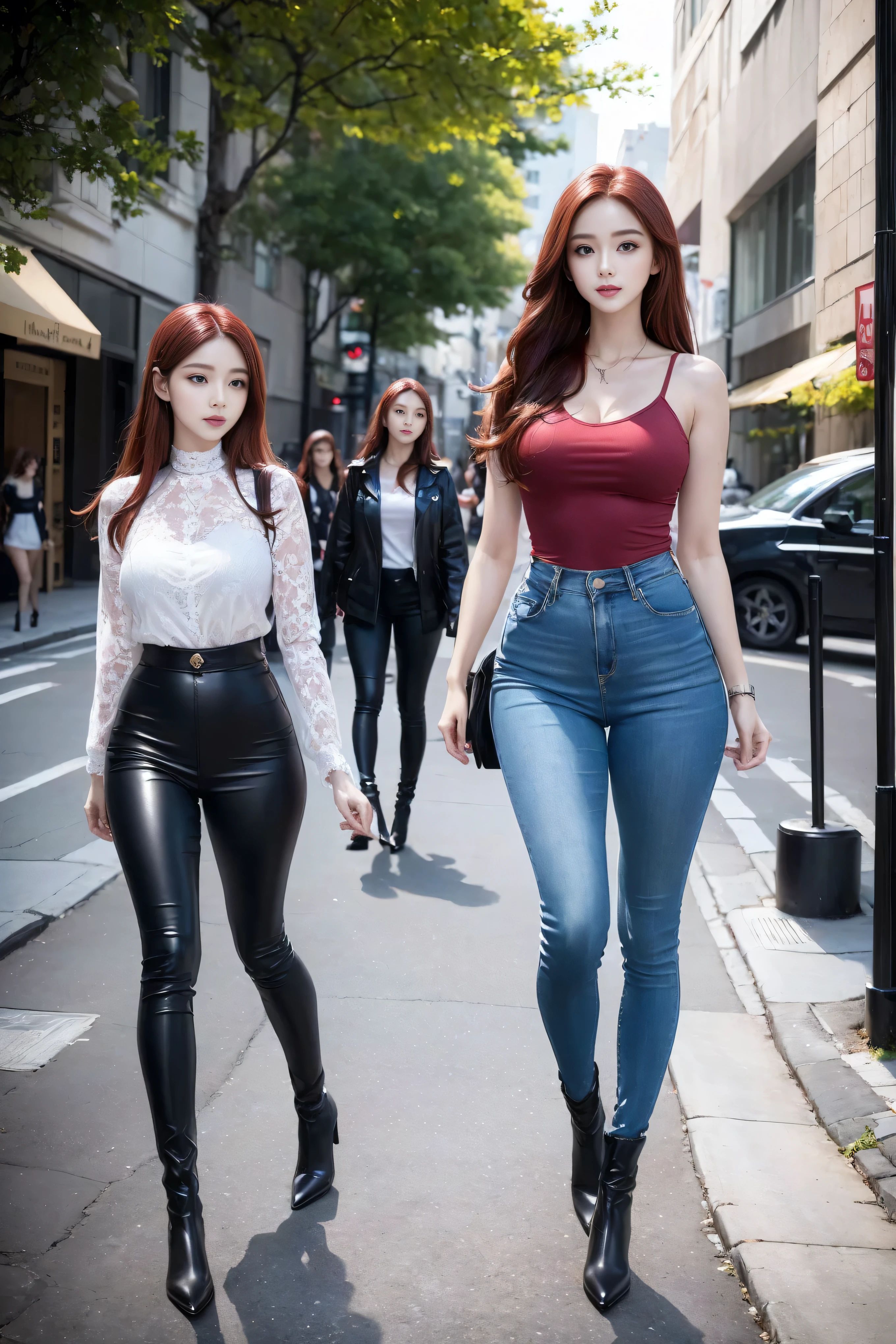 ((Realistic lighting, best quality, 8K, masterpiece:1.3)), Lock focus:1.2, Beautiful woman with perfect figure:1.4, 3 beautiful Korean girls, Korean pop idol,Leg length,(Pale skin), (big eyes),(Smile:0.8),(Plump and sexy lips), Complex and detailed face, ((Super delicate skin)),Delicate face,Ultra-thin face,Fine Eyes,Double eyelids,((Dark red hair)), (White lace underwear:1.4),Background Shibuya street,Large depth of field,Ultra-thin face,Fine Eyes,Double eyelids,(Start from below:1.attitude,(Mid-chest:1.2),Sexy long legs, (Thigh gap:1.5),Wide hips,S-Shaped Body, Hips lifted,Leg length,Light blue skinny jeans,Full body proportions from the front,Over-the-knee leather boots,