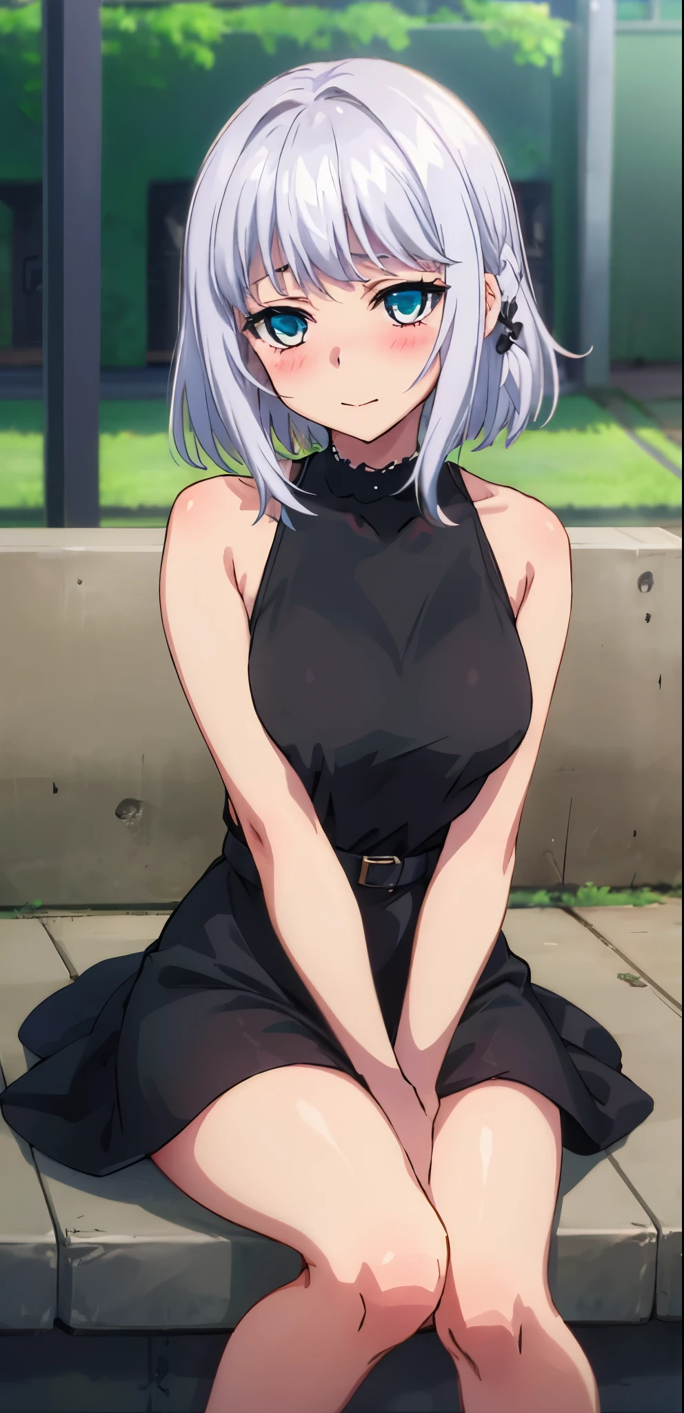 1 girl, kanon kanase, , blush, medium breasts, sleeveless,((stylish outfit, dress)), sitting, 20-year-old, healthy skin. Upper_body.