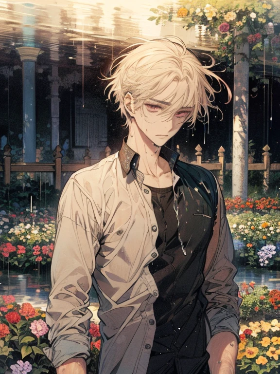 masterpiece, 1 man, expresionless, wet hair, wet clothes, flowers garden, heavy rains