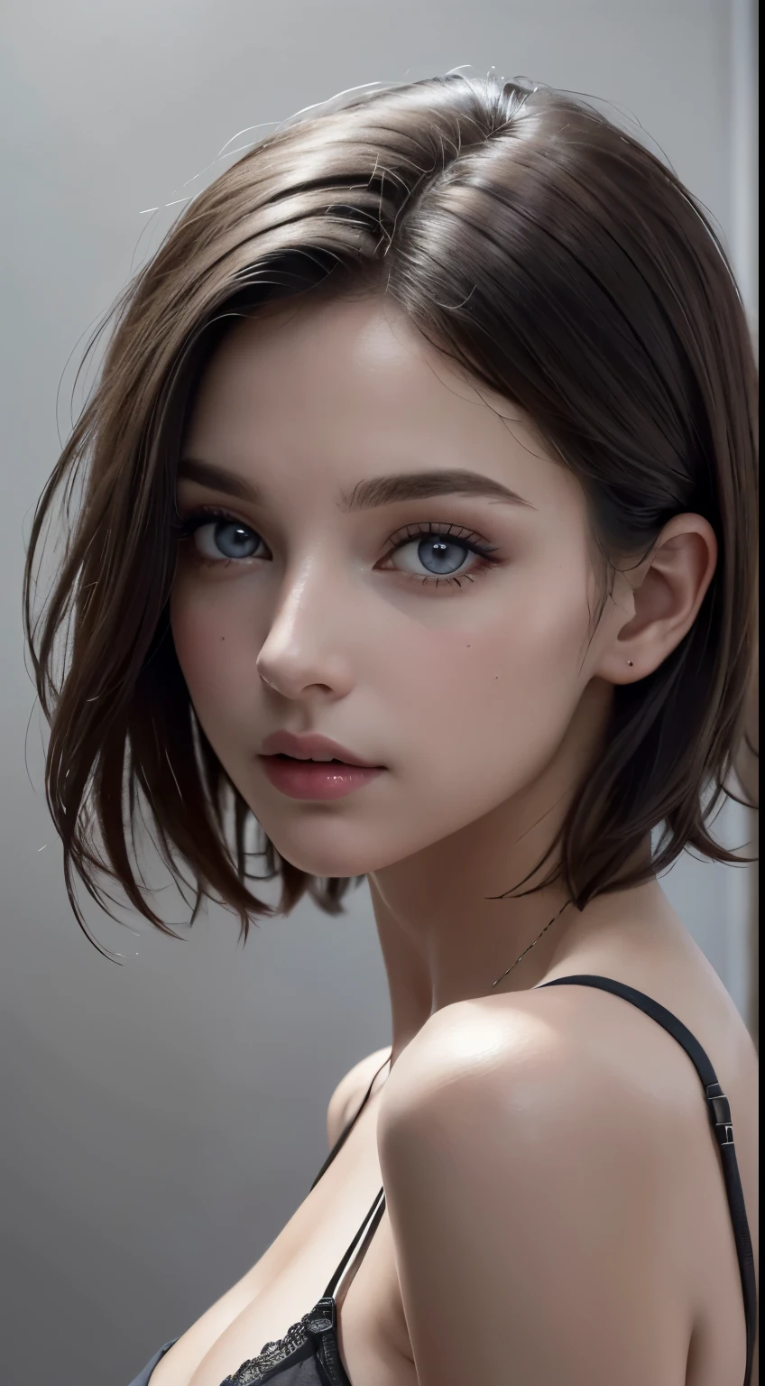 8K uhd、RAWphotograph、モデルphotograph撮影、 European race、(masterpiece、highest quality、Photorealistic、High resolution、photograph:1.3)、Close-up、Focusing、Hot Model、slim、30 year old mature woman、Small face、Short Hair、Dark Brown Hair、Fine beautiful eyes、Realスキン、(perfect body)、Sexy hot face、Erotic、Sexual gaze、slim、Sweat top、Detailed beautiful eyes、Glossy lips、Small breasts、、Bust B cup、((Bright light、Dynamic lighting、Real、超Real、 realism、Realなディテール、Cool beauty、Cool pose、Background gray、Plain grey background