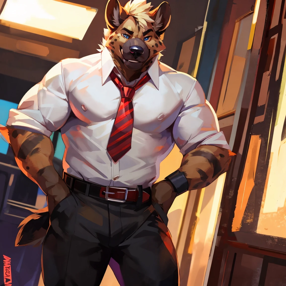 Hyena, anthro, (solo) in social white shirt, red tie, black pants, social, belt, black belt, By mystikfox61