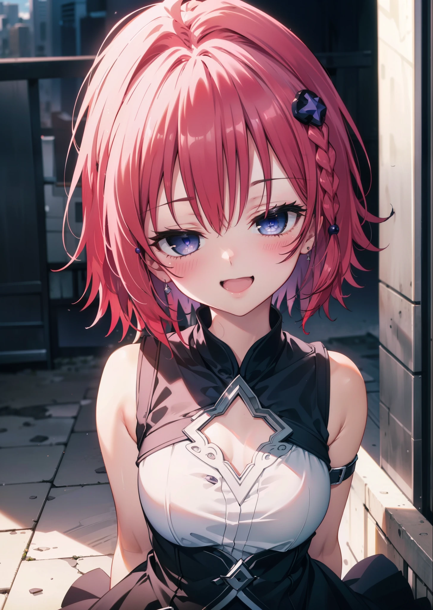 (masterpiece, highest quality:1.2),shape,8k,High resolution,kurosaki mea,Cowboy Shot,As if your whole body is in the illustration,1 girl,happy smile, smile, Open your mouth,Red hair,Long braids,Upper Body,(Portraiture:1.2),hair ornaments,smile,Purple eyes,Medium Chest,White Hair Band,Sleeveless dress,Long skirt,Cute Sandals,happy smile, smile, Open your mouth,smile,blush, Building district (Cowboy Shot:1. 5),(masterpiece:1.2), highest quality, High resolution, unity 8k wallpaper, (shape:0.8), (Beautiful and detailed:1.6), Highly detailed face, Perfect lighting, Extremely detailed CG, (Perfect hands, Perfect Anatomy),