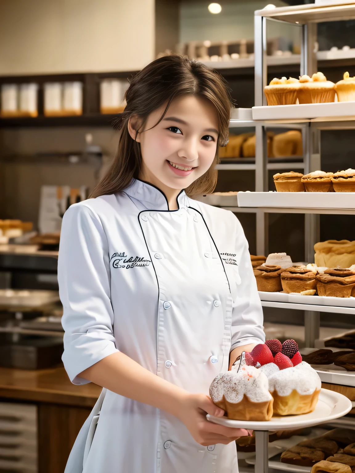 (highest quality、masterpiece:1.2)、highest quality、Realistic、photograph、High resolution、1080p、8k、Rough skin、Physical Rendering、1. Japanese women、high 、cute、Young Face、Curly Hair、(Pastry chef:1.5)、Cake shop、Full of embarrassment、smile、big