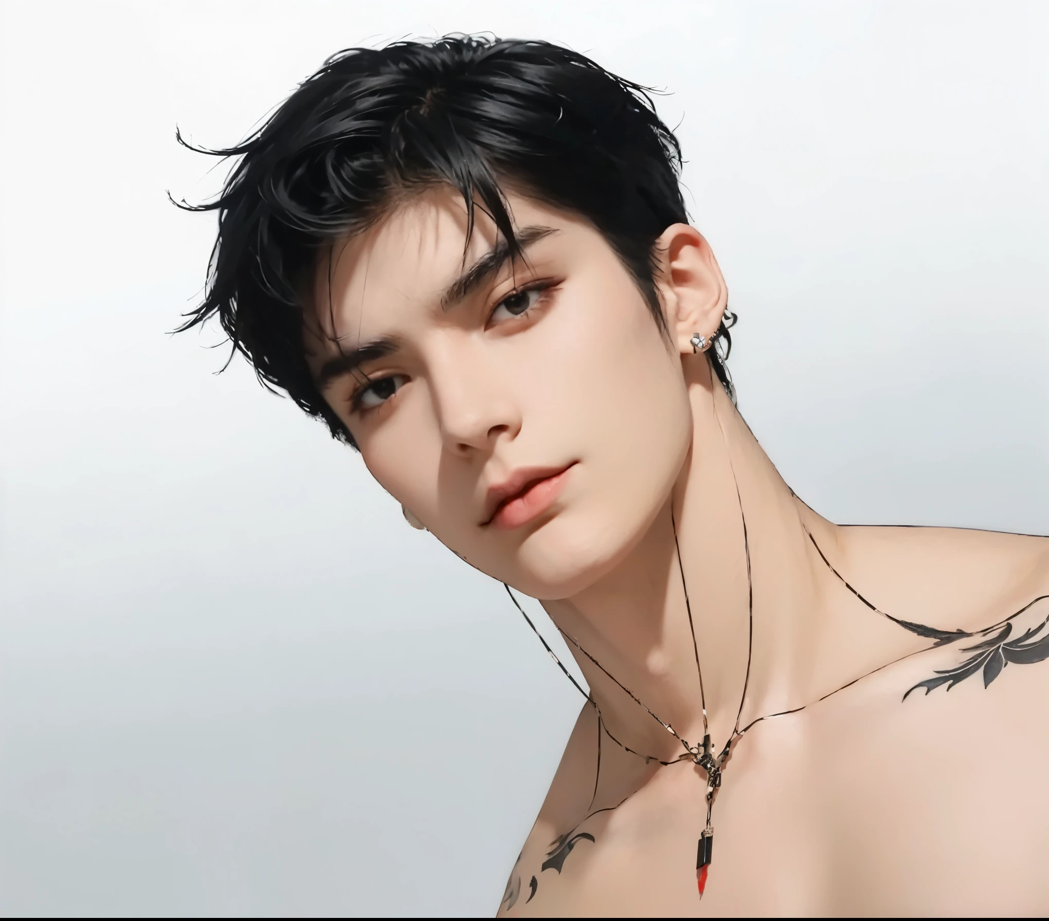 (dramatic, gritty, intense:1.4),realistic face, handsome boys, muscles boys, masterpiece, best quality, 32k uhd, insane details, intricate details, hyperdetailed, hyper quality, high detail, ultra detailed, Masterpiece,
Red and blackred backgroundred themeSimple background
1boysolomale focusblack hairdlosed mouth
jewelryarm tattootattooshirtnecktienecklacehands in pocketspiercingwhite shirt collared shirt
hair slicked backblack suit 