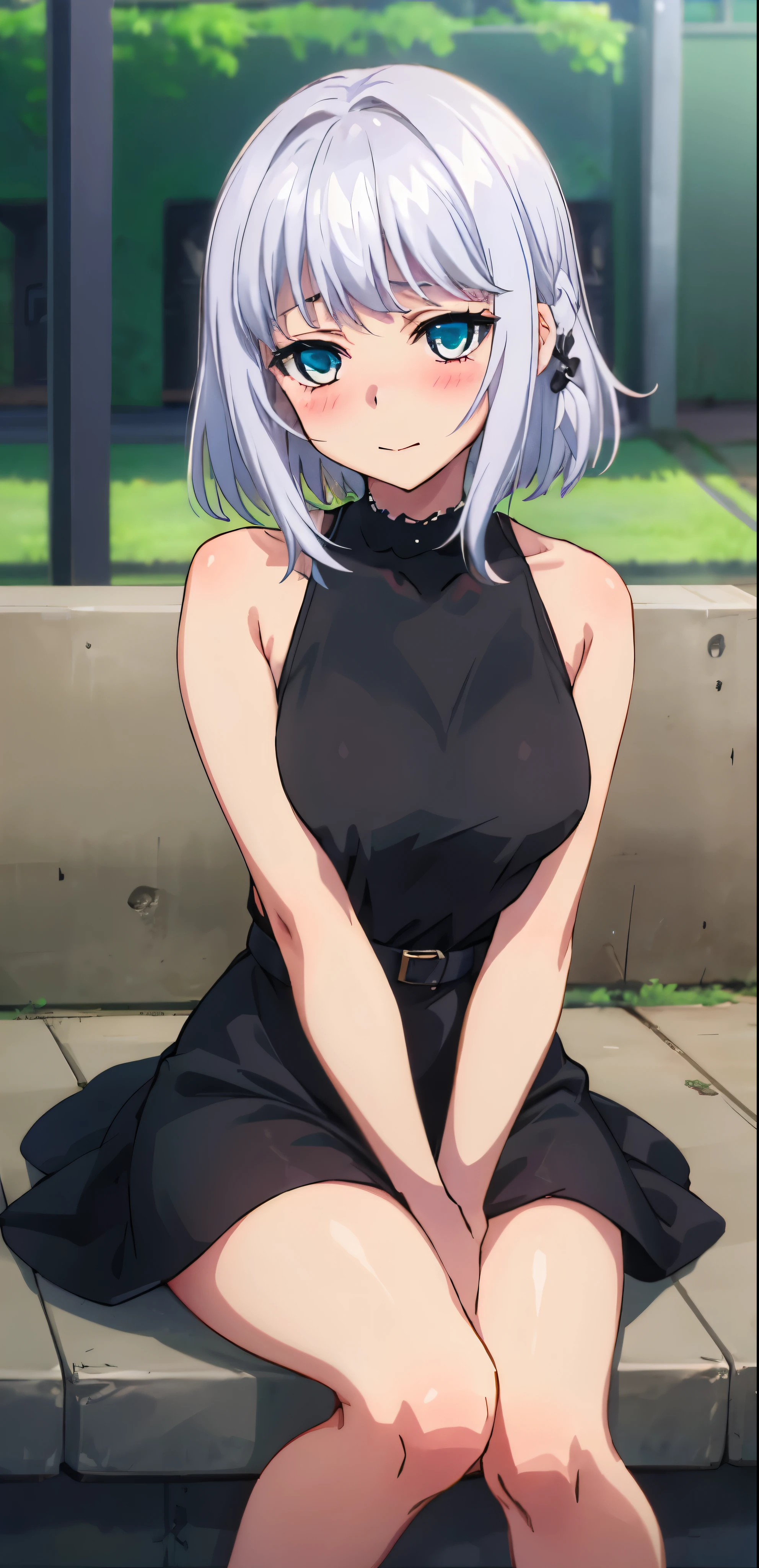 1 girl, kanon kanase,  blush, medium breasts, sleeveless, (black dress), sitting, perfect anatomy, healthy skin, 20-year-old.