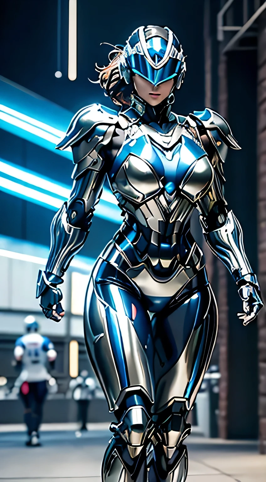 Female Robocop Solo、Bright outdoors、strong light source、8K, high quality, masterpiece, 最high quality、Very detailed、Armor that completely covers the whole body、Very large armor、Helmet covering the head、Clear photos、The eyes are hidden by thin, straight goggles:1.3、The lower half of the face is flesh:1.5、Face exposed from nose down:5.0、Luscious lips、Fluorescent navy metallic armor with thin white lines、Armor that completely covers the chest、Long, slender legs、Vivid poseable body view,Big and ample breasts:1.5, (Sports Body:1.5)、Five Fingers、Photos in the city