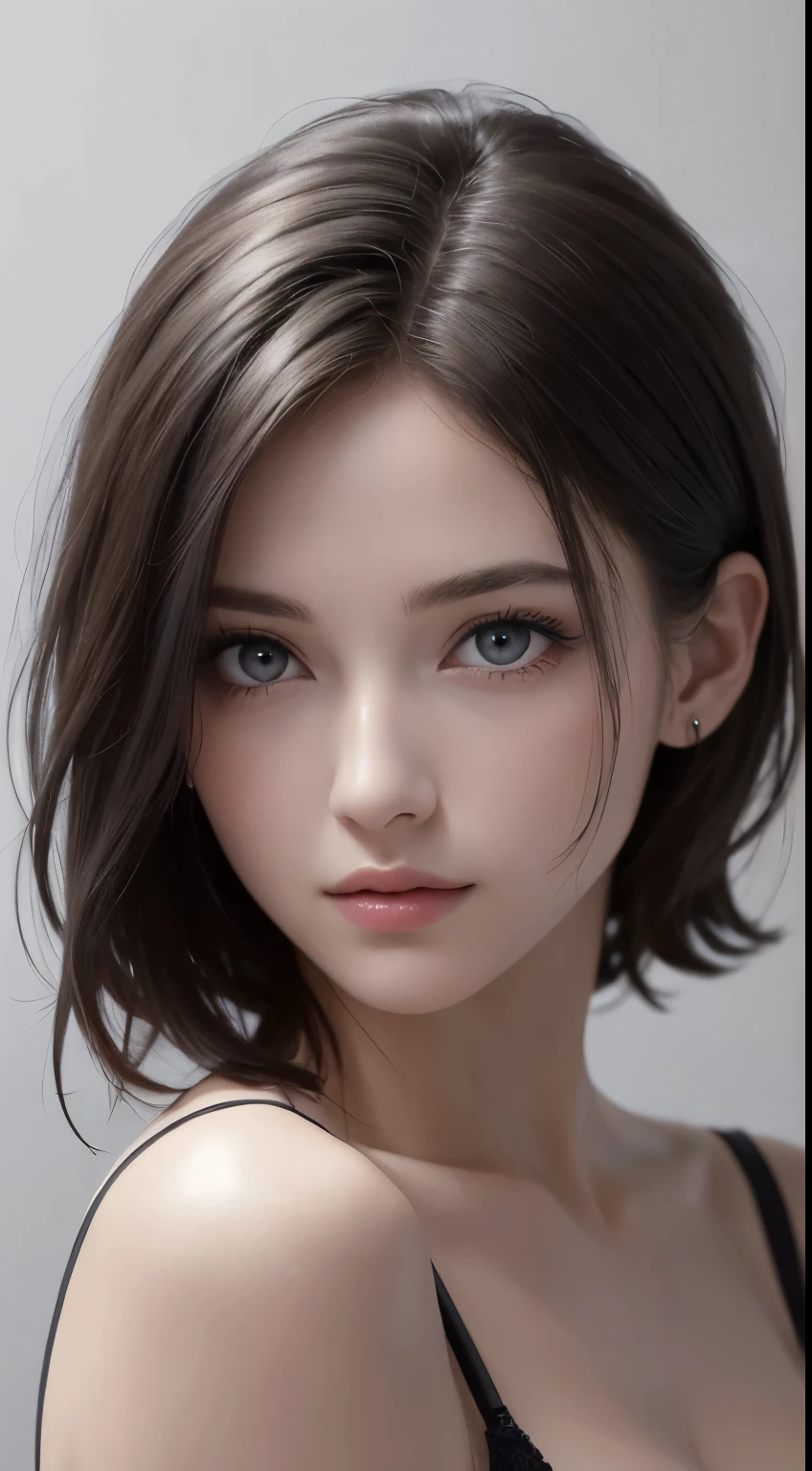 8K uhd、RAWphotograph、モデルphotograph撮影、 European race、(masterpiece、highest quality、Photorealistic、High resolution、photograph:1.3)、Close-up、Focusing、Hot Model、slim、30 year old mature woman、Small face、No makeup、Short Hair、Dark Brown Hair、Fine beautiful eyes、Realスキン、(perfect body)、Sexy hot face、Erotic、Sexual gaze、slim、Sweat top、Detailed beautiful eyes、Glossy lips、Small breasts、Small breasts、Bust B cup、((Bright light、Dynamic lighting、Real、超Real、 realism、Realなディテール、Cool beauty、Cool pose、Background gray、Plain grey background