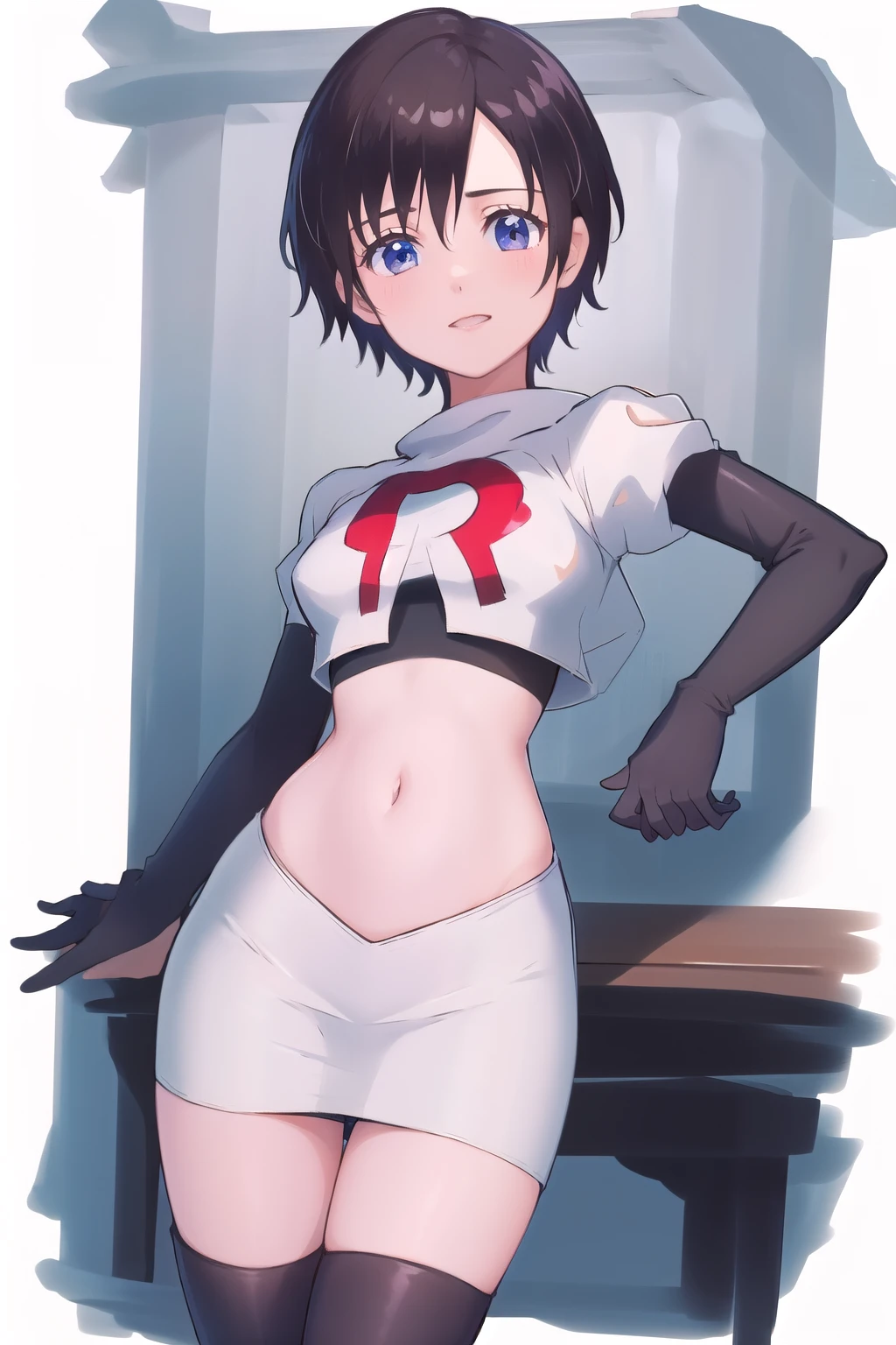masterpiece, best quality, highres, aaxion, short hair, team rocket,team rocket uniform,white skirt,red letter R,crop top,black thigh-highs,black elbow gloves, cowboy shot,