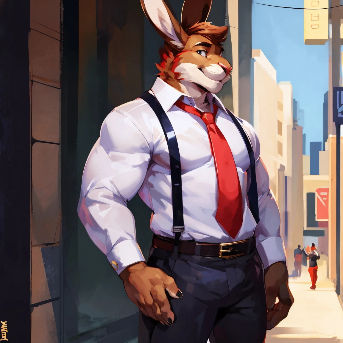 Hare, anthro, (solo) in social white shirt, red tie, black pants, social, belt, black belt, By mystikfox61