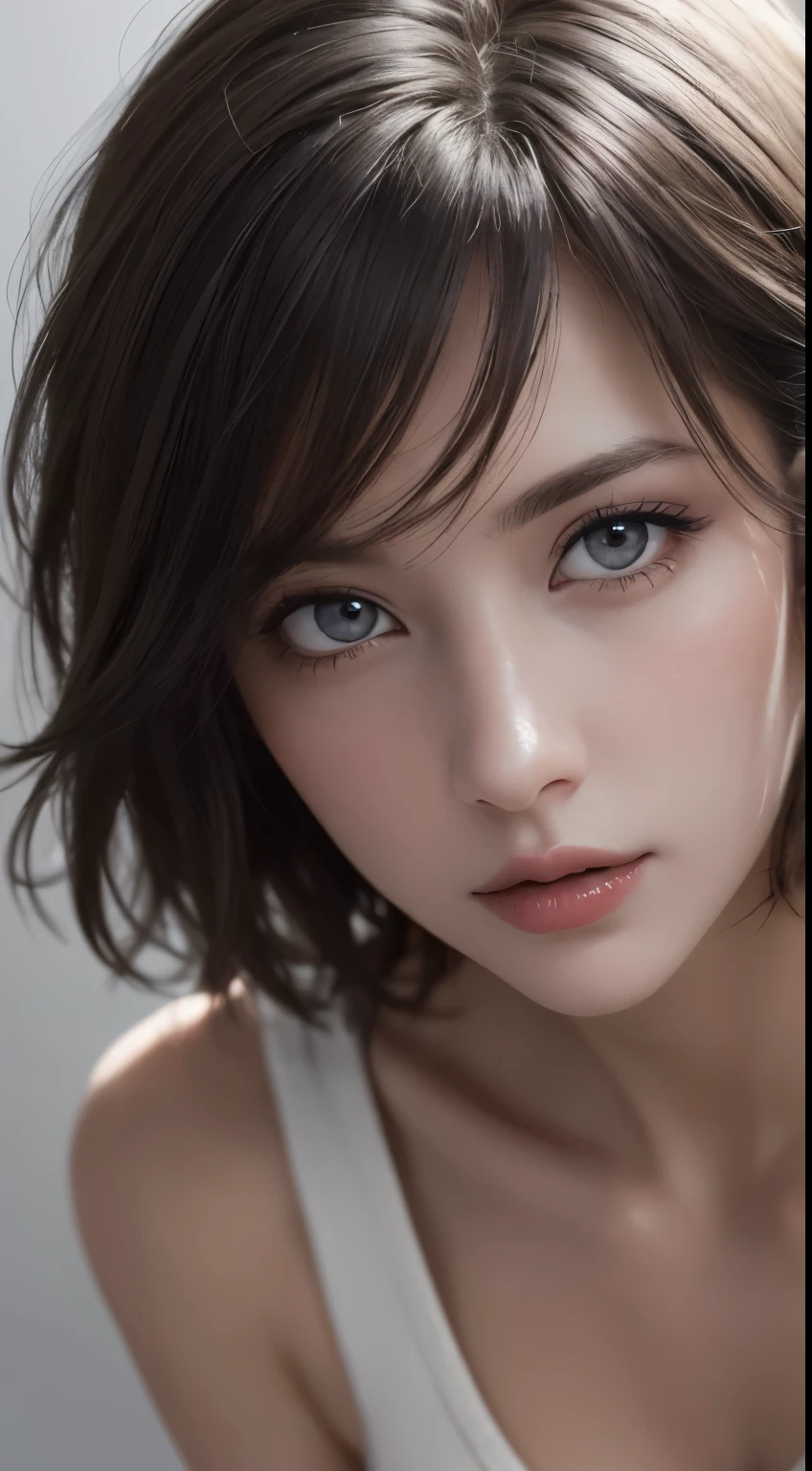 8K uhd、RAWphotograph、モデルphotograph撮影、 European race、(masterpiece、highest quality、Photorealistic、High resolution、photograph:1.3)、Close-up、Focusing、Hot Model、slim、30 year old mature woman、Small face、No makeup、Short Hair、Dark Brown Hair、Fine beautiful eyes、Realスキン、(perfect body)、Sexy hot face、Erotic、Sexual gaze、slim、Sweat top、Detailed beautiful eyes、Glossy lips、Small breasts、Small breasts、Bust B cup、((Bright light、Dynamic lighting、Real、超Real、 realism、Realなディテール、Cool beauty、Cool pose、Background gray、Plain grey background