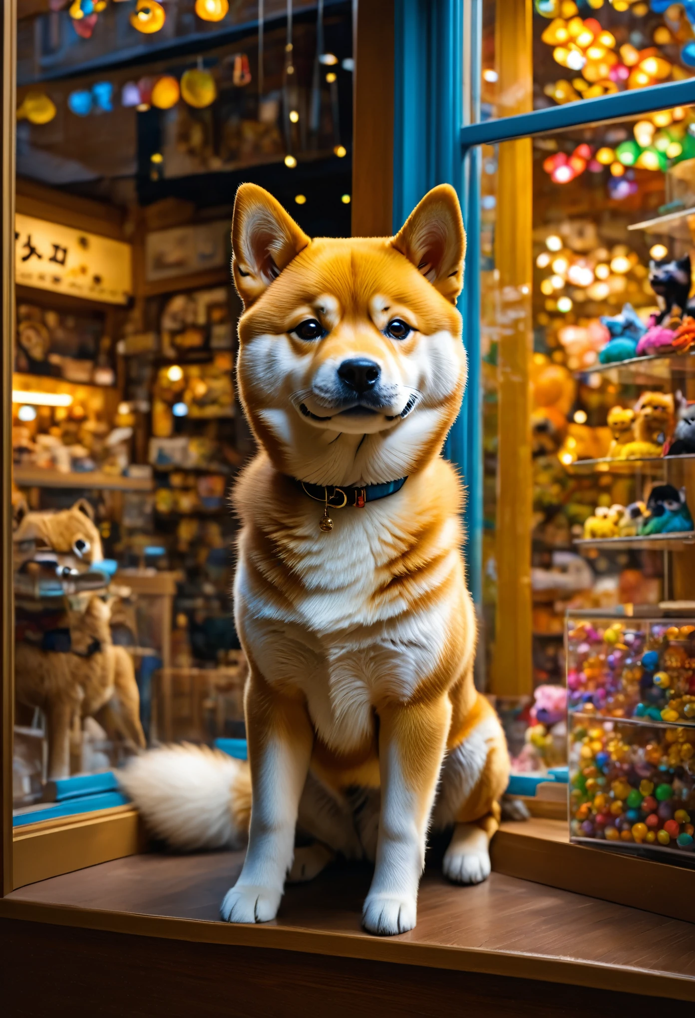 (high quality, high resolution),(best quality,4k,8k,highres,masterpiece:1.2),ultra-detailed,(realistic,photorealistic,photo-realistic:1.37),Shiba Inu in a pet shop,  in shop window, love at first sight, movie lighting, magical photography, vivid colors, portrait