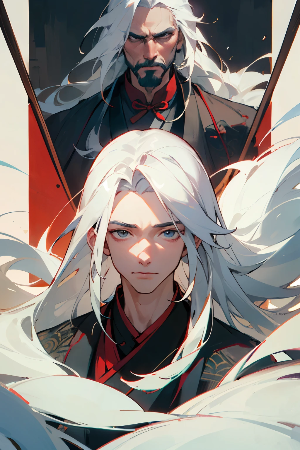 ((best quality)), ((Masterpiece)), (details), A perfect face, a traditional Chinese costume, a man, long white hair.