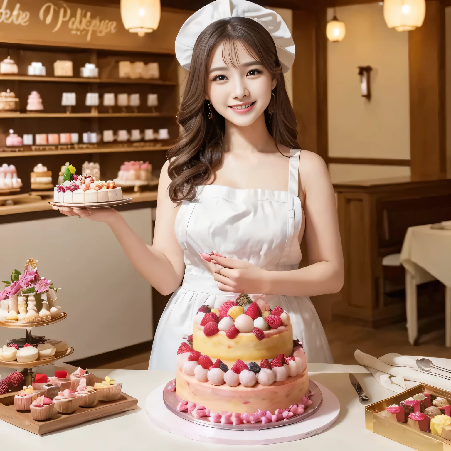((Tabletop、highest quality、Extremely intricate and detailed))、1. Japanese Beauty、Pastry chef、Pastry chef uniform、Pastry chef's clothes、apron、Perfect hands、Cake shop、The best smile looking at the camera、Slime-ified、Accentuate your body lines、Fruit cake making