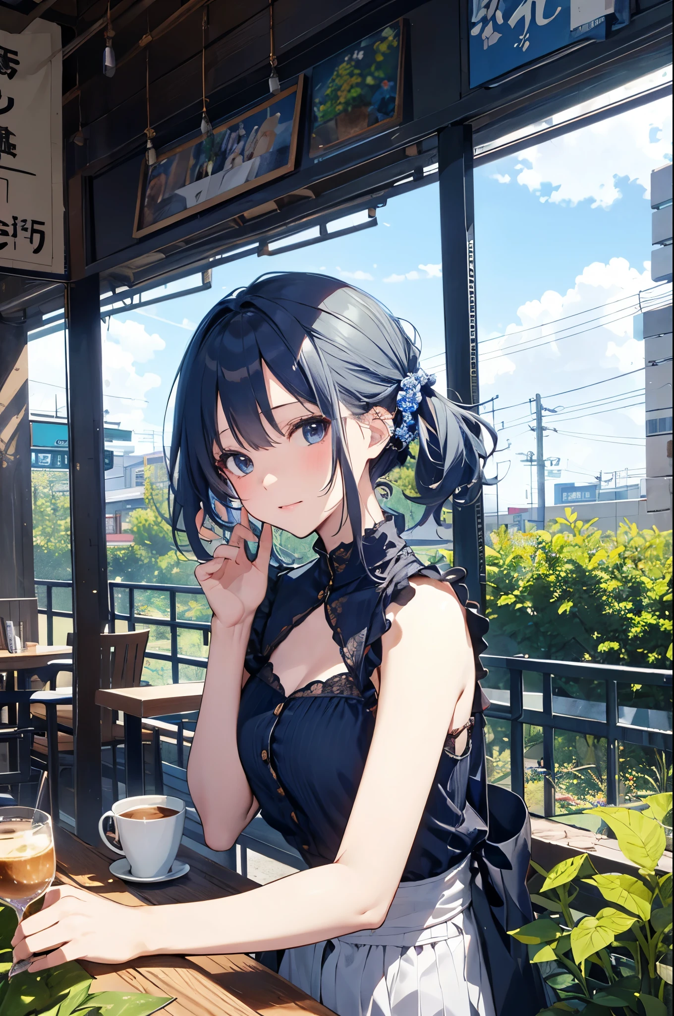 （Pretty sister:1.3）、Super detailed、noon、aggressive、garden、Blue Shirt、Cafe、holiday