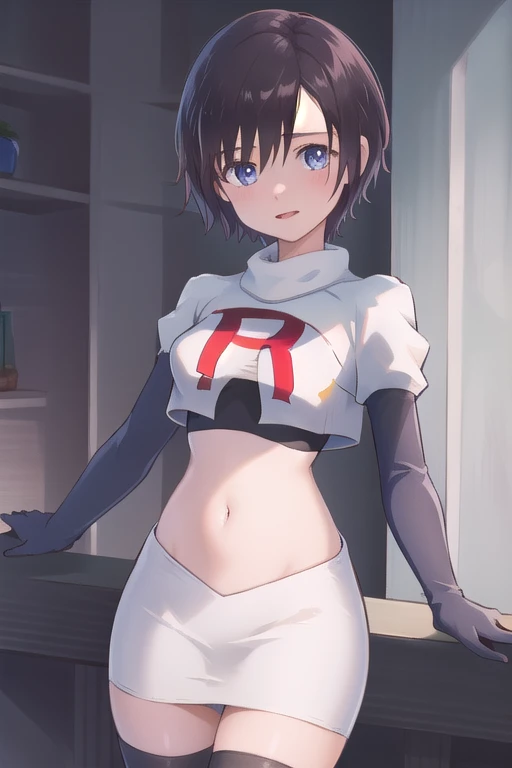 masterpiece, best quality, highres, aaxion, short hair, team rocket,team rocket uniform,white skirt,red letter R,crop top,black thigh-highs,black elbow gloves, cowboy shot, 