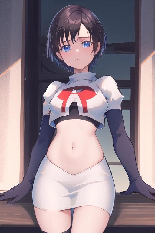 masterpiece, best quality, highres, aaxion, short hair, team rocket,team rocket uniform,white skirt,red letter R,crop top,black thigh-highs,black elbow gloves, cowboy shot, 