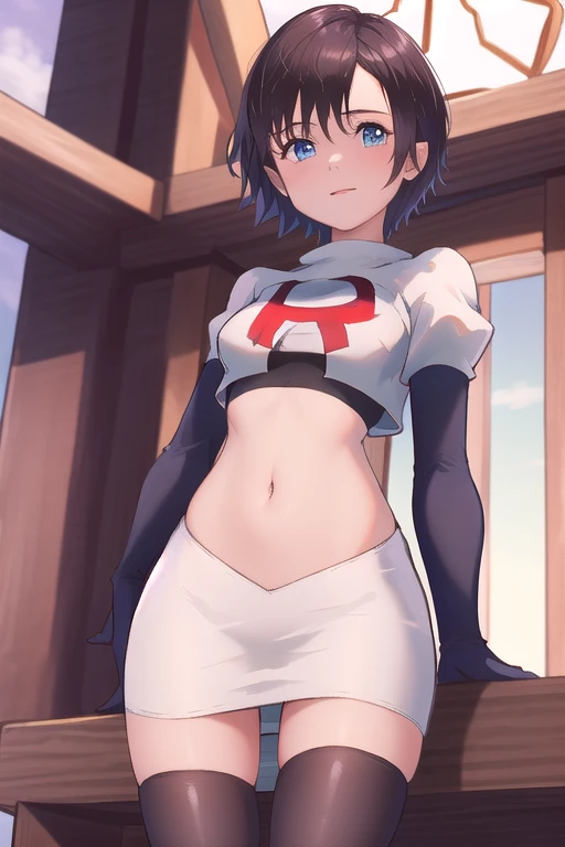 masterpiece, best quality, highres, aaxion, short hair, team rocket,team rocket uniform,white skirt,red letter R,crop top,black thigh-highs,black elbow gloves, cowboy shot, 