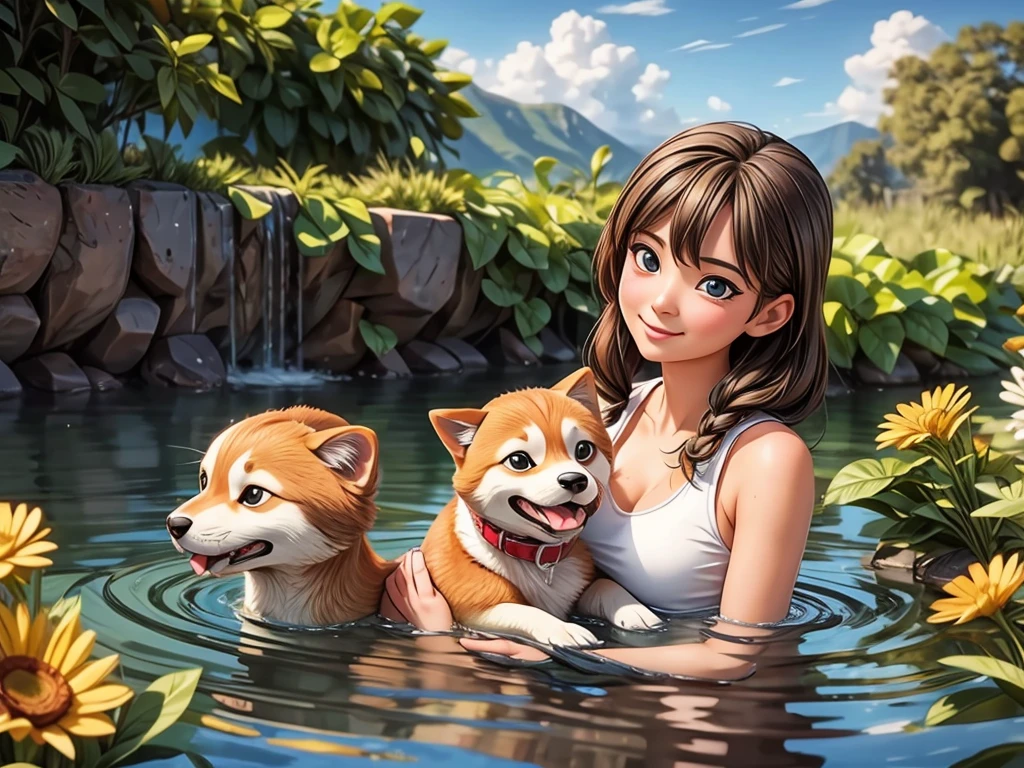 A girl drowning, a Shiba Inu rescuing her, beautiful detailed eyes, beautiful detailed lips, extremely detailed eyes and face, long eyelashes, oil painting, ultra-detailed, best quality, 4k, highres, masterpiece:1.2, realistic, HDR, studio lighting, vivid colors, water reflection, dramatic atmosphere, warm color tones, soft lighting, emotional expression, Shiba Inu swimming, lifeguard, rescue, powerful waves, struggling, intense moment, lifeline, sense of urgency, cloudy sky, scenic beauty, dynamic composition