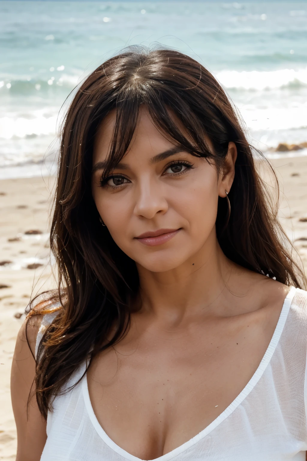 Woman in her 50s, cabello negro, Ojos color miel distintivos, Uso de Kohl, Fino y elegante, hermoso, con antecedentes escolares, en la playa