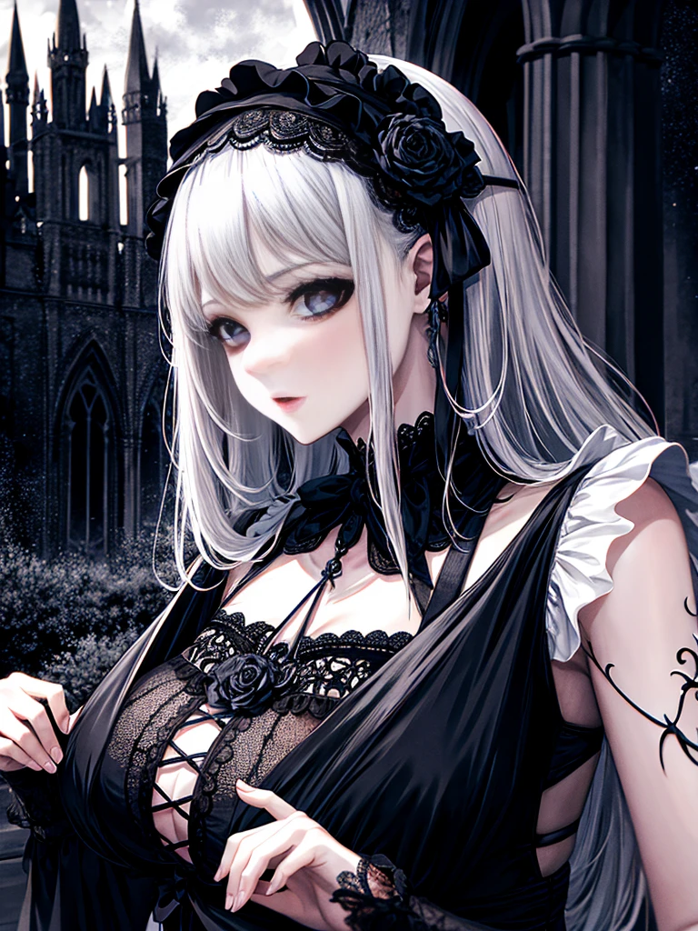 whole body, bloody huge axe, sickly, black dress, face veil, boots, mansion, hall, absurdres, RAW photo, extremely delicate and beautiful, masterpiece, Best Quality, ultra high resolution, 32k, hyperrealistic, ultra-detailed description, pale skin, 20 years old, detailed beautiful face and eyes, tearful mole, earring, Colossal tits, short medium wavy hair,